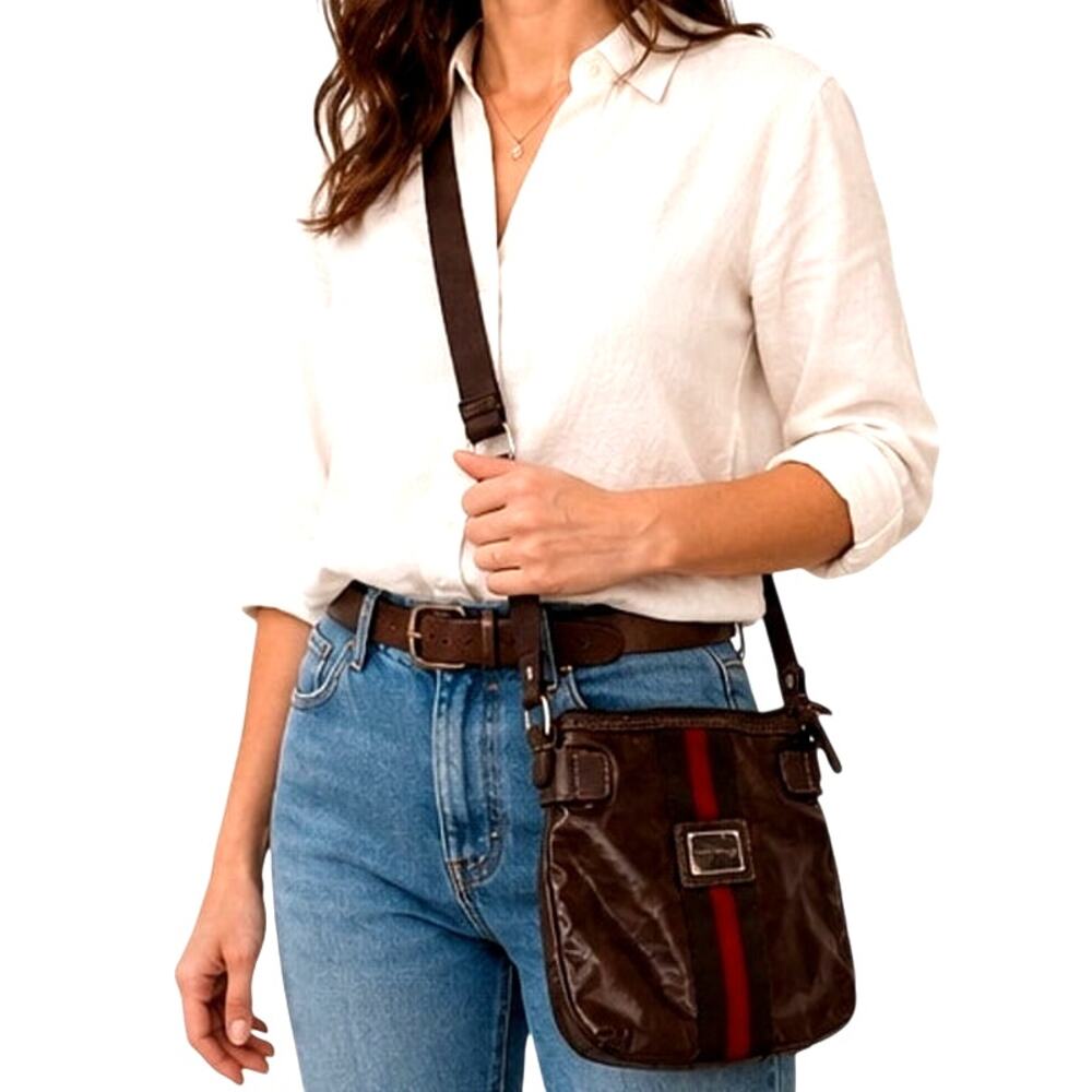 Tommy Hilfiger Y2K Brown Wet Look Crossbody Purse Adjustable Strap Zip Pockets
